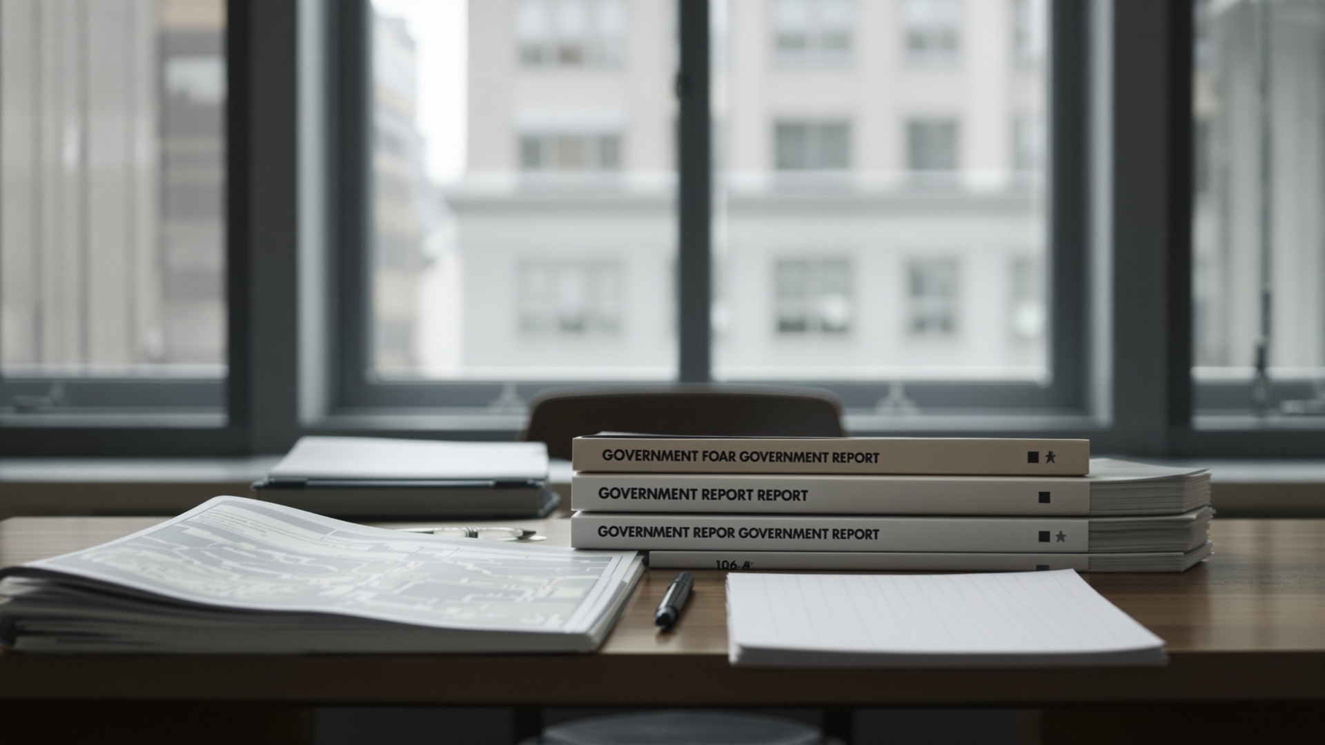 A quiet reading room desk with unmarked report binders, a folded map and a notebook in soft daylight