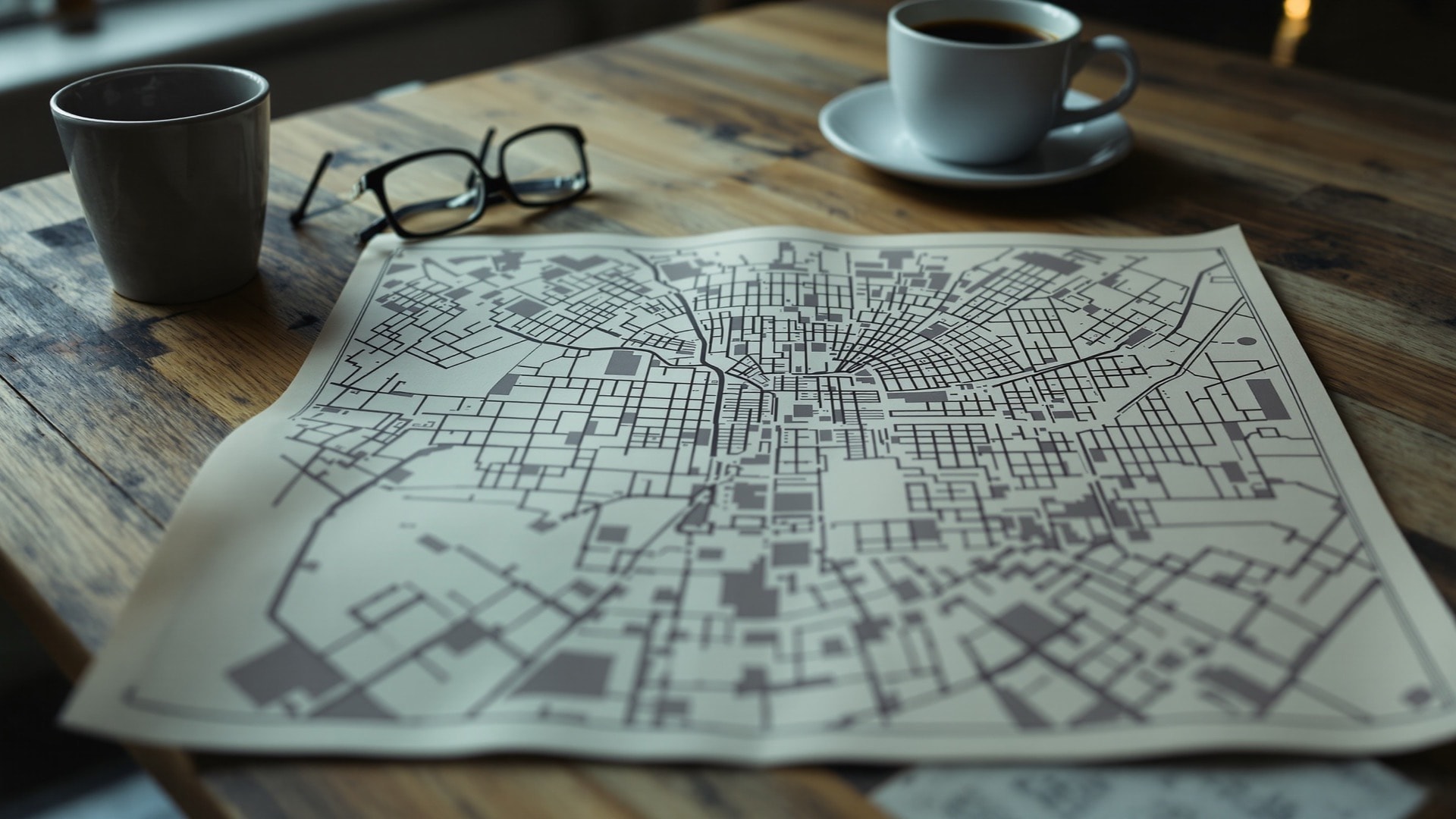 An open paper street map of a quadrant city plan on a wooden table beside reading glasses in window light