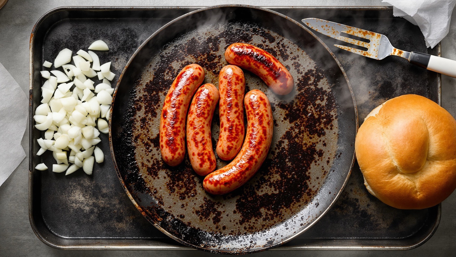 Smoked sausages searing on a well-used flat steel griddle beside chopped onions and a soft roll