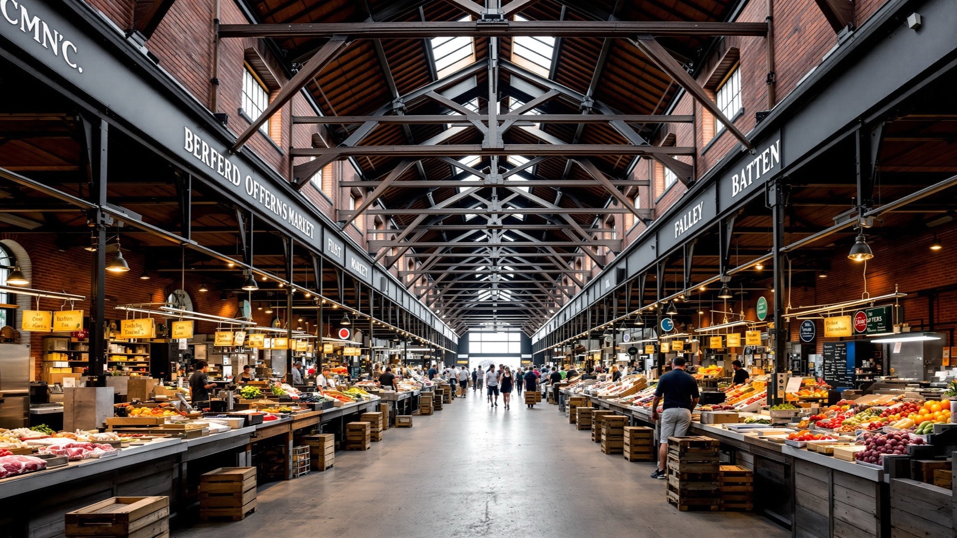 Interior of a brick public market hall with timber roof trusses and a row of independent stalls