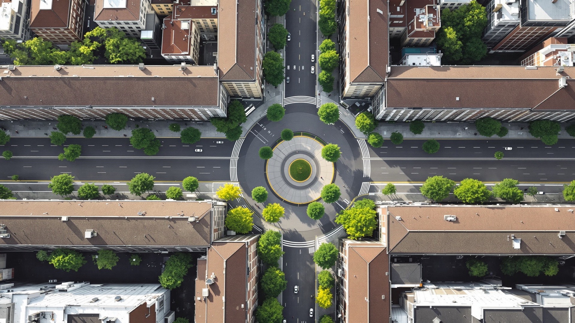 Aerial view of a rectangular street grid crossed by wide diagonal avenues meeting at a circular tree-planted plaza
