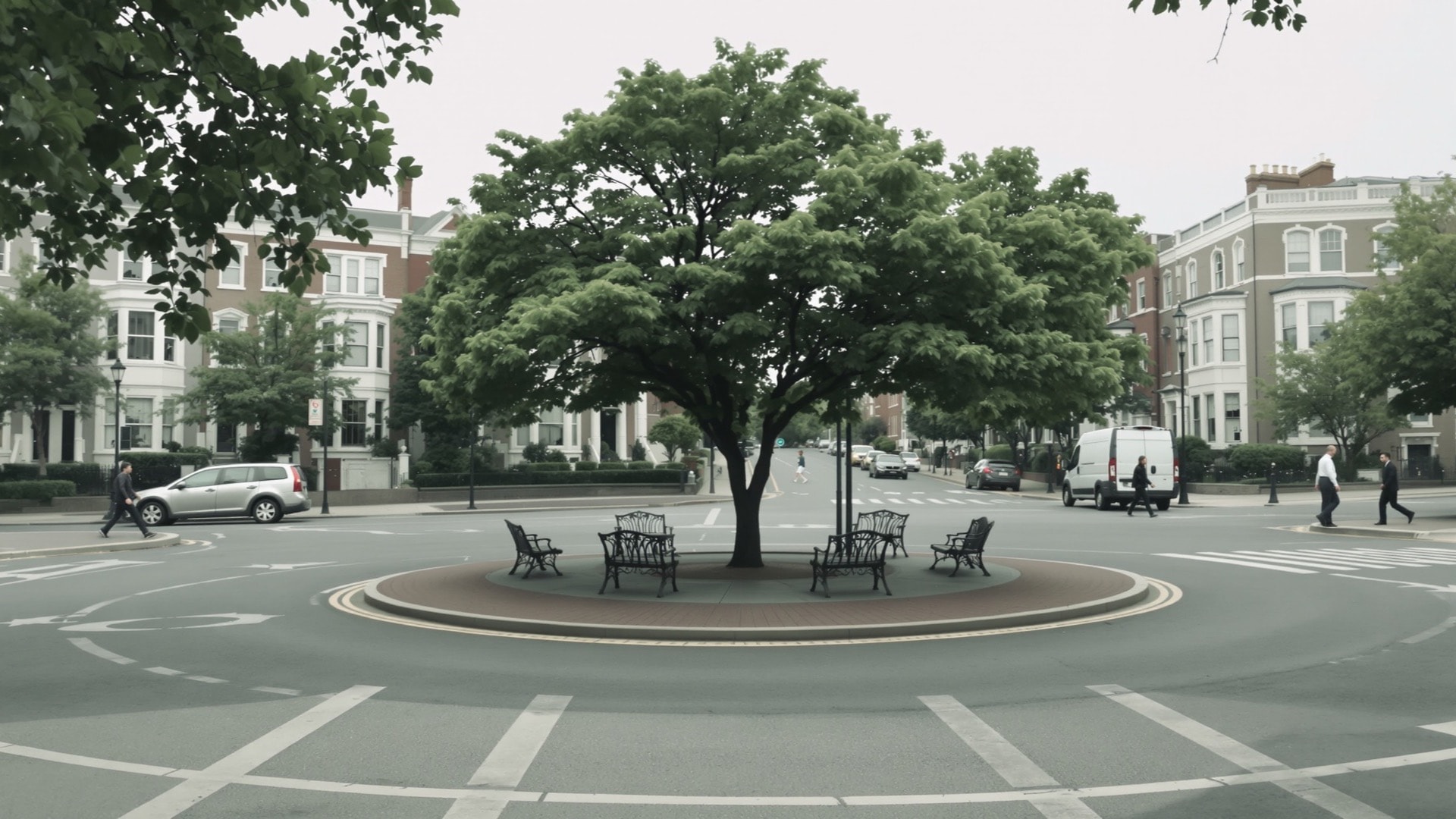 A tree-filled traffic circle at street level with converging roads and low row houses behind it