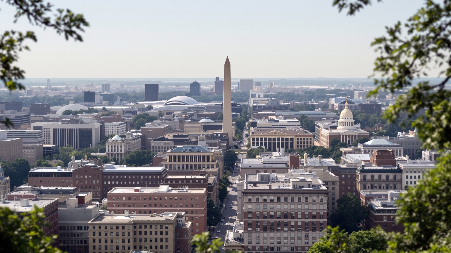 Elevated view of downtown Washington showing a flat, uniform roofline with an obelisk and a dome rising above it