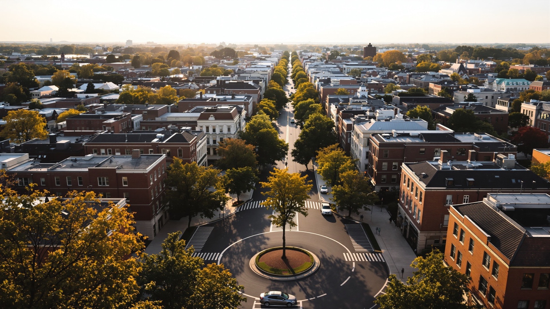 A broad diagonal avenue in Washington, D.C. crossing a tree-filled traffic circle, seen from above in late afternoon light