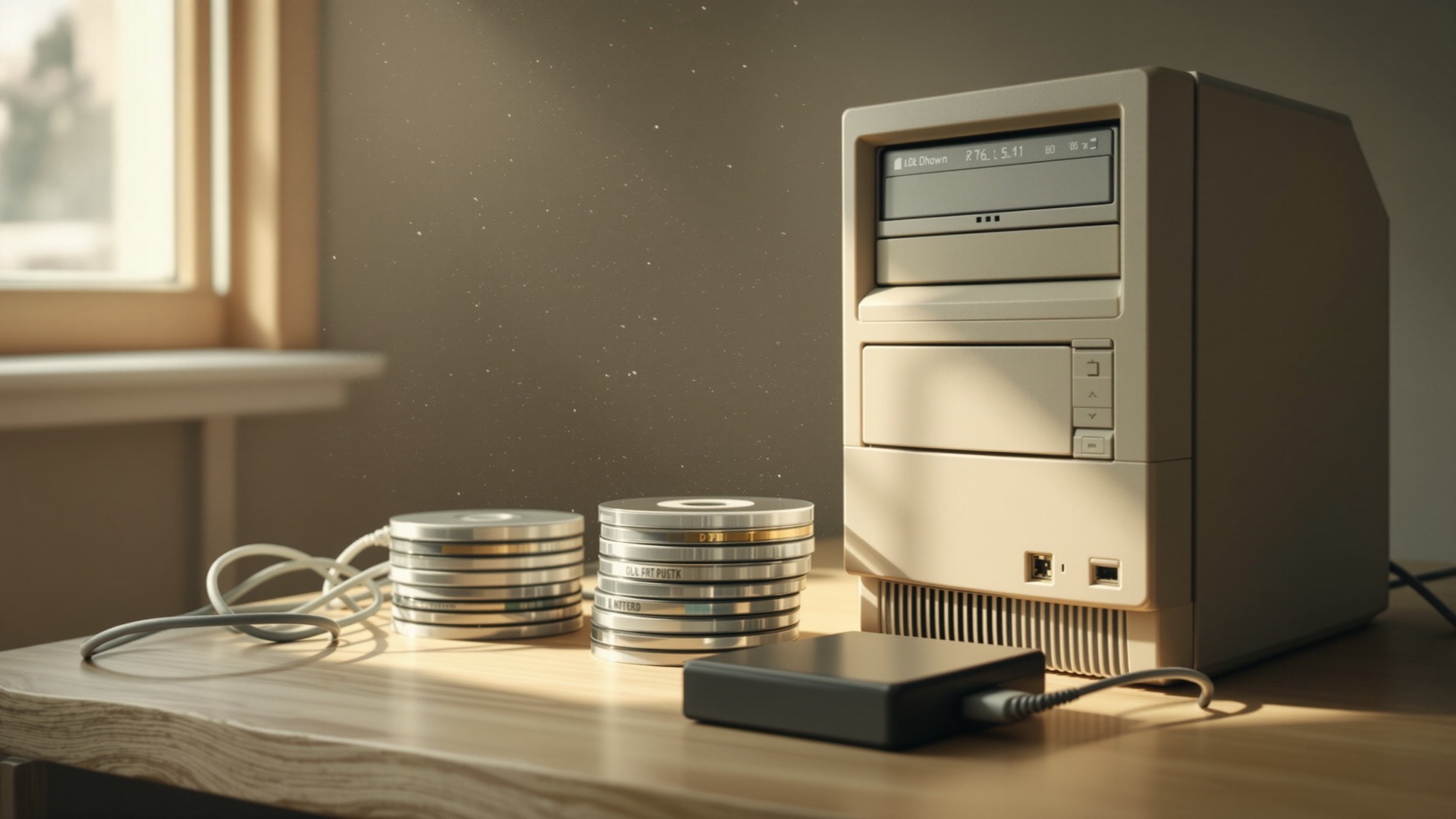 An old desktop computer, blank optical discs and an external drive gathering dust on a wooden desk in window light