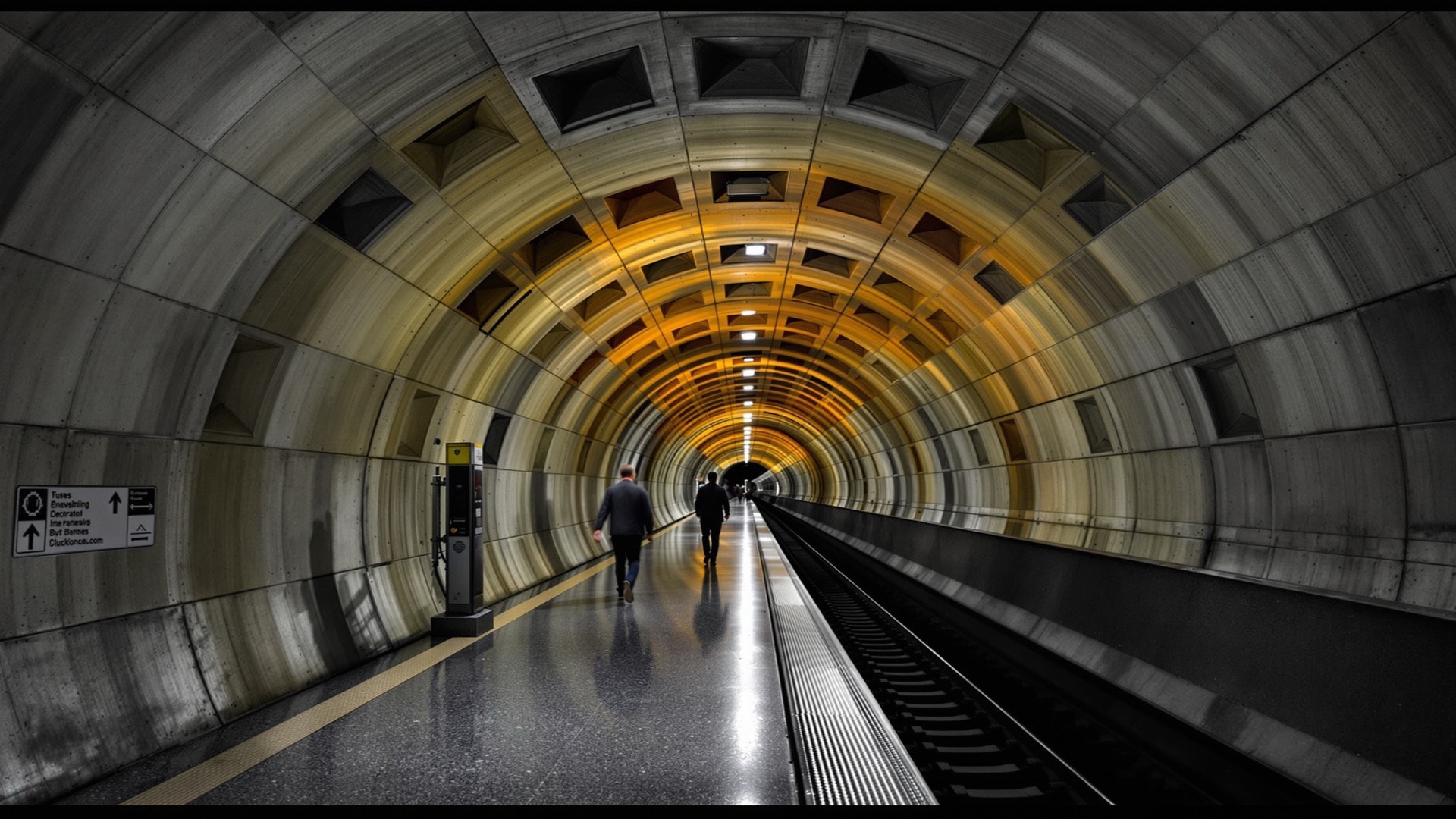 Coffered concrete barrel vault over an empty deep Metro station platform, lit indirectly from the platform edge