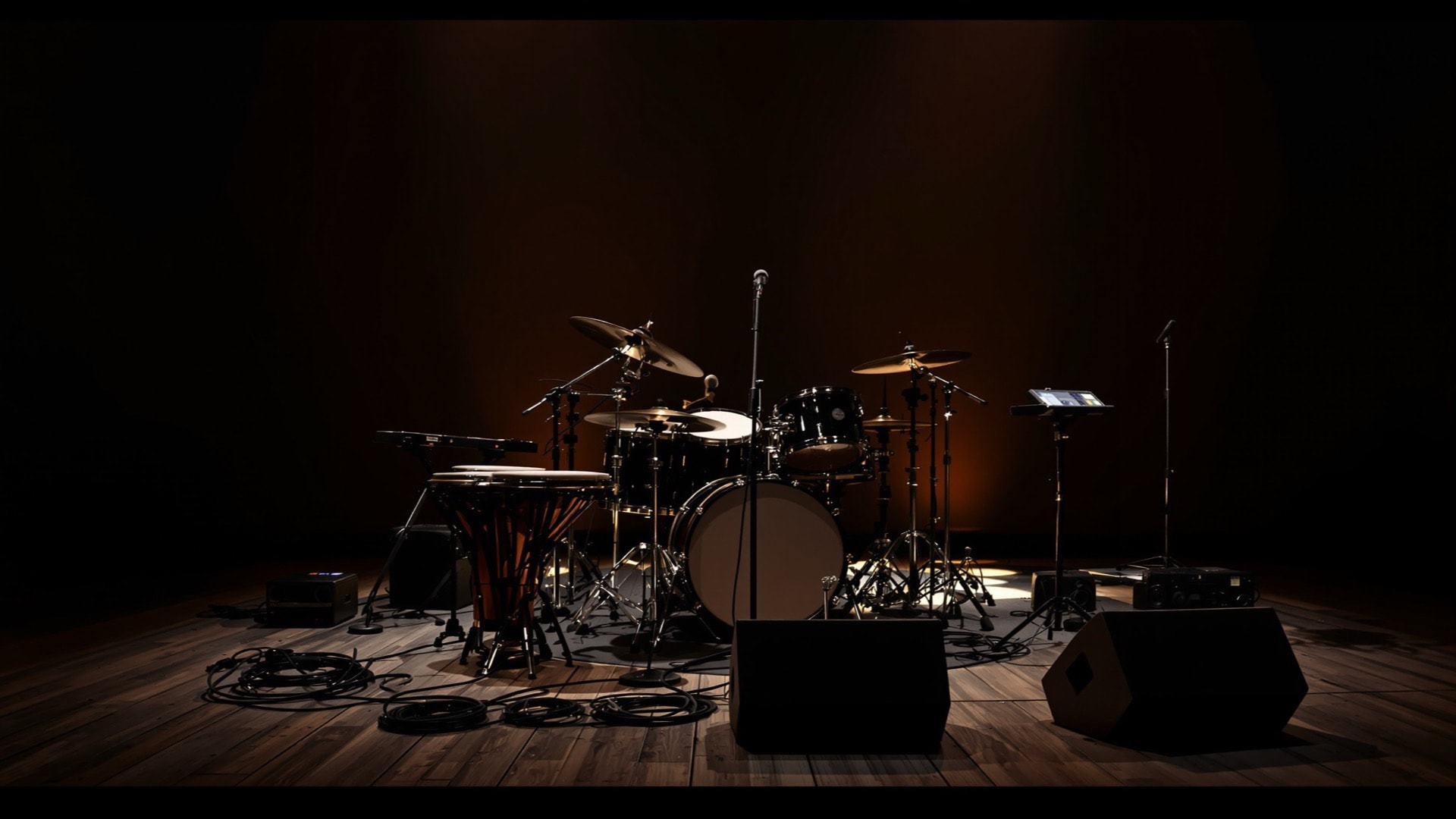 Congas, rototoms, timbales and a cowbell set up beside a drum kit on a small stage in a plain hall