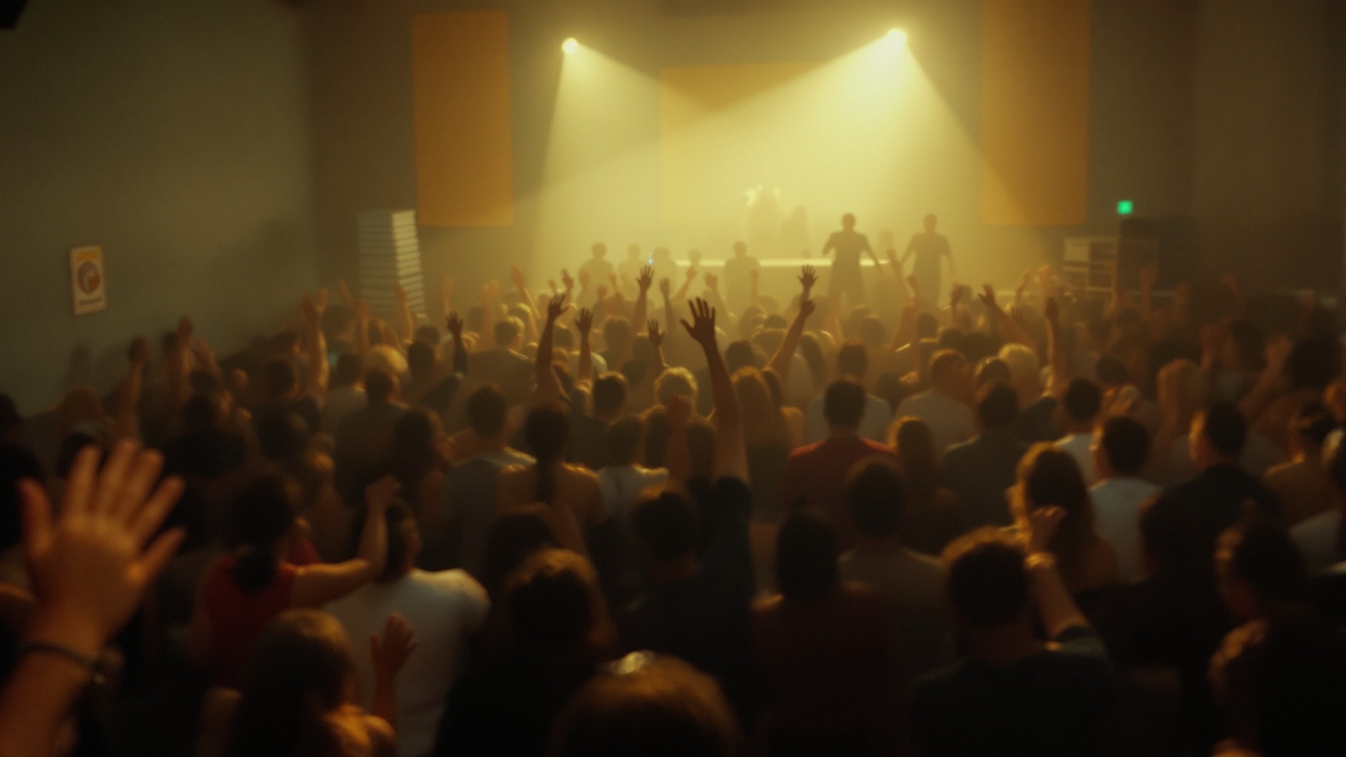 A crowded dance floor seen from behind the audience, hands raised toward a low stage in a plain hall