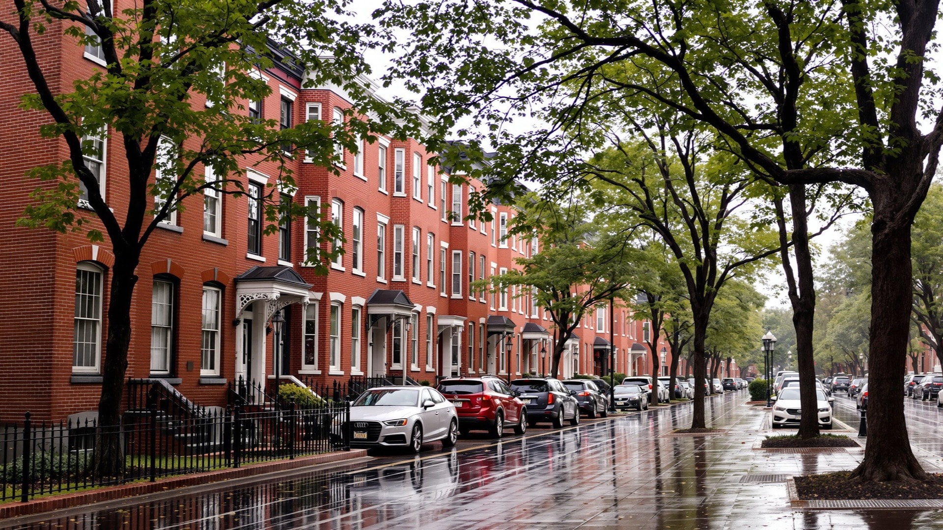 A block of bay-fronted brick rowhouses with deep cornices on a tree-lined Washington street