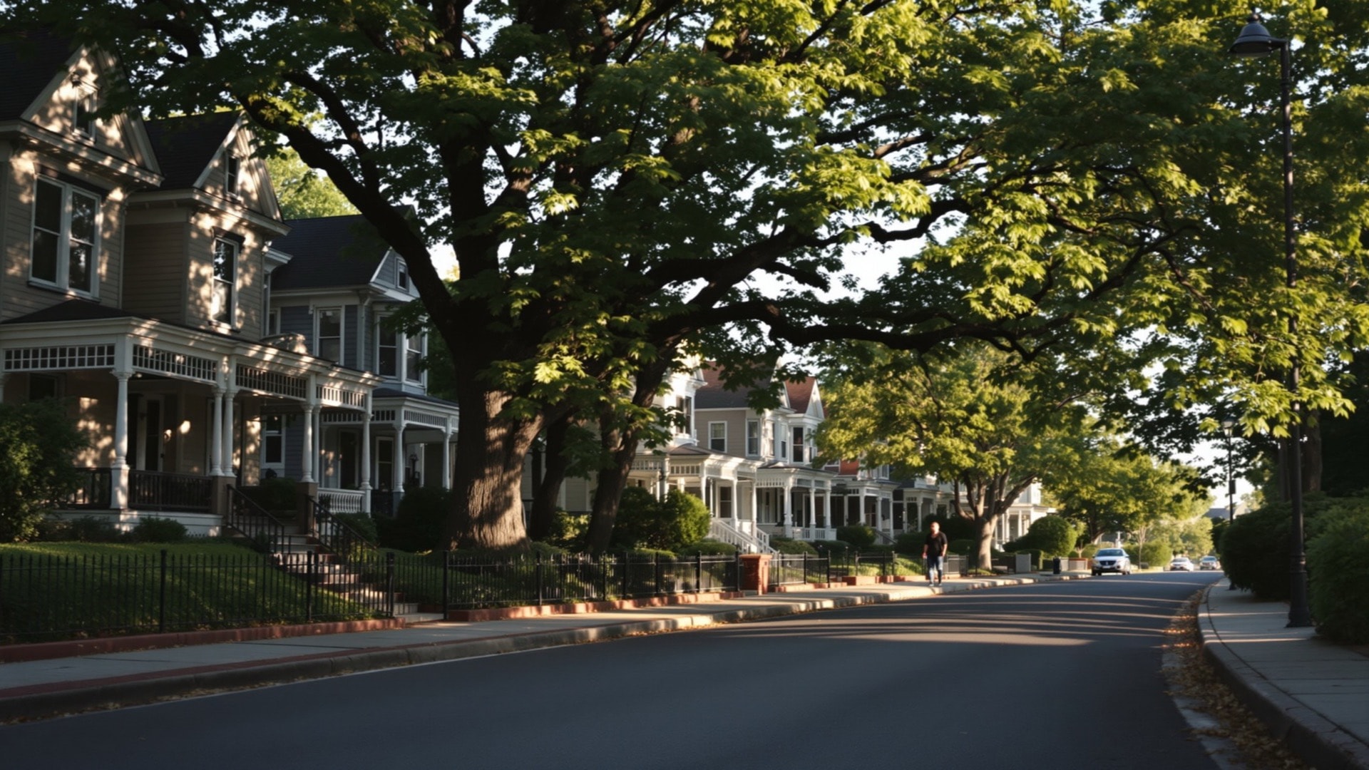 Detached wood-frame Victorian houses with porches on a curving tree-shaded hilltop street