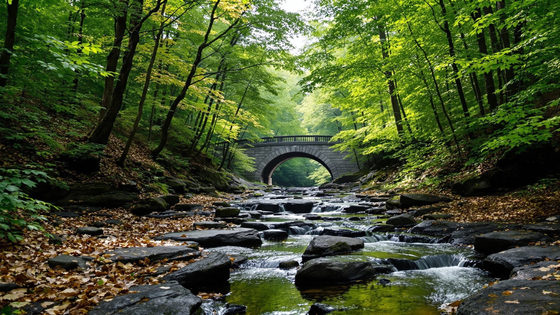 A rocky forested creek running through a steep wooded valley inside the city, with a stone bridge distant among the trees
