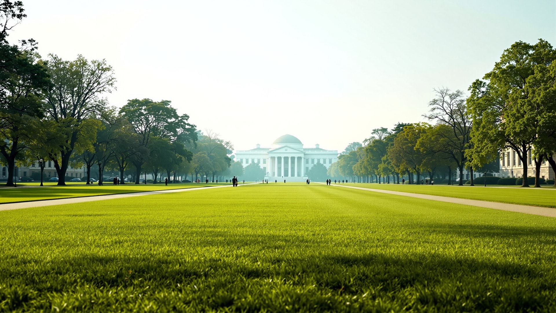 The long open lawn panels and gravel walks of the National Mall at dawn, elms lining both sides