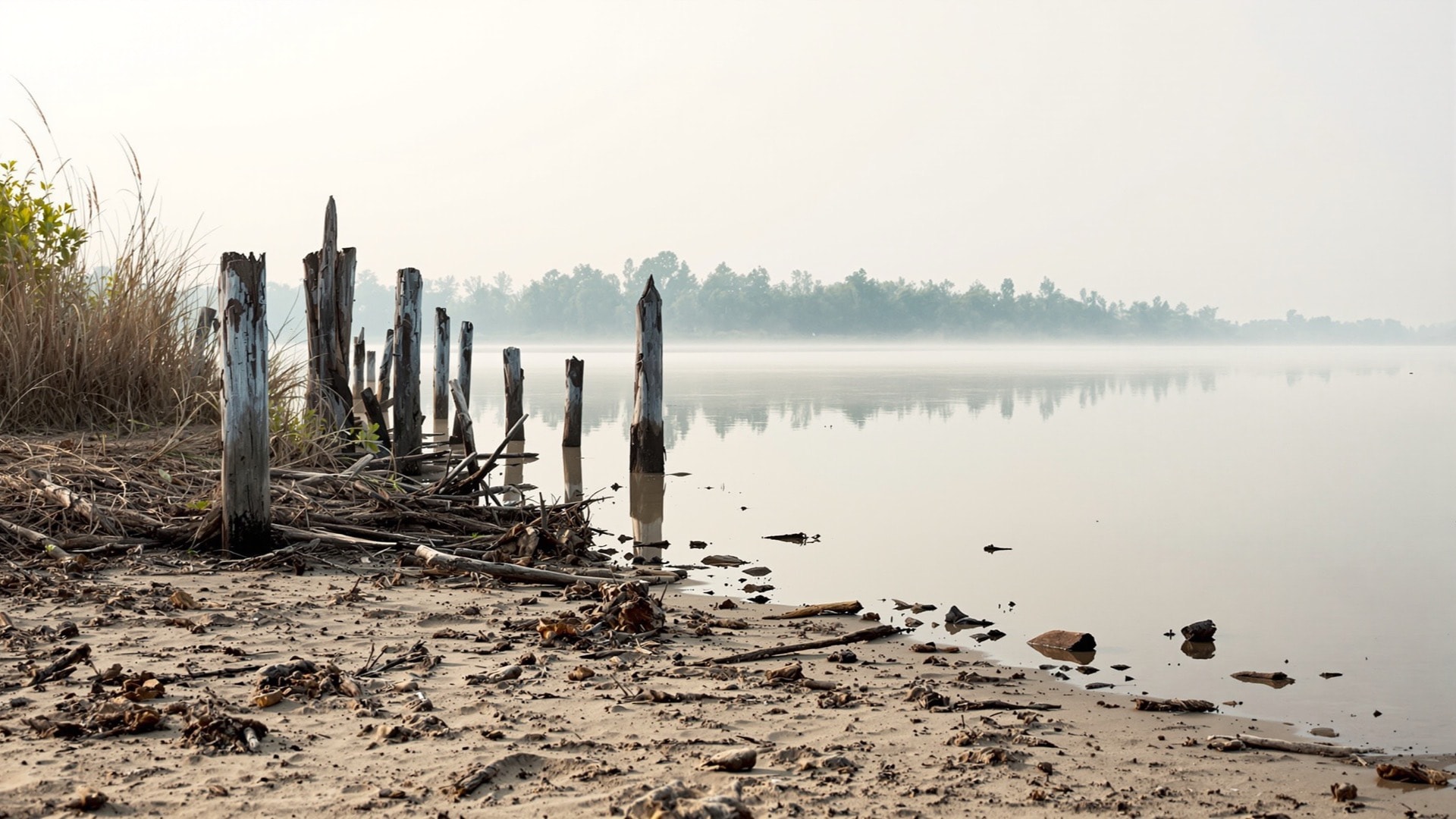An urban river shoreline at low tide with exposed mud, old pilings and reeds in early morning mist