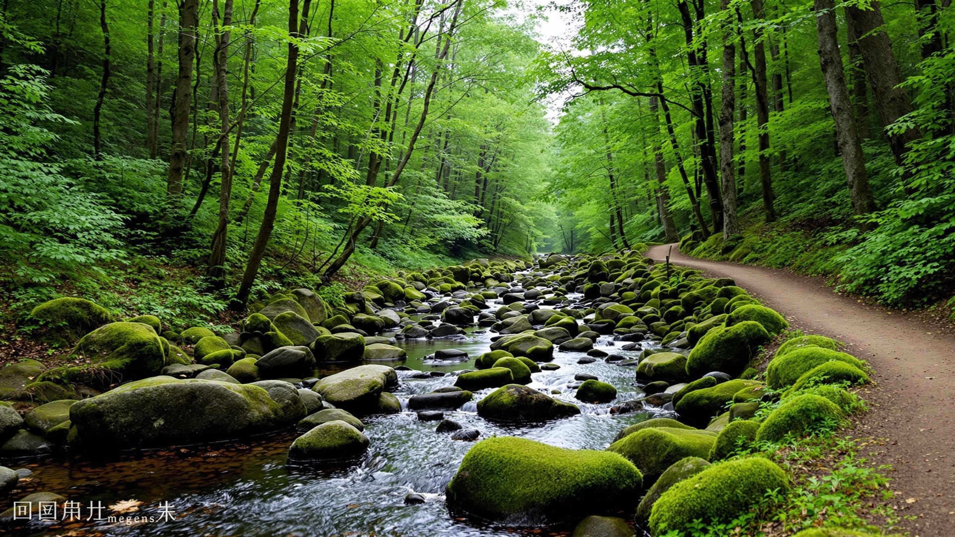 A shallow rocky creek running through dense green woodland with a narrow dirt trail at the edge