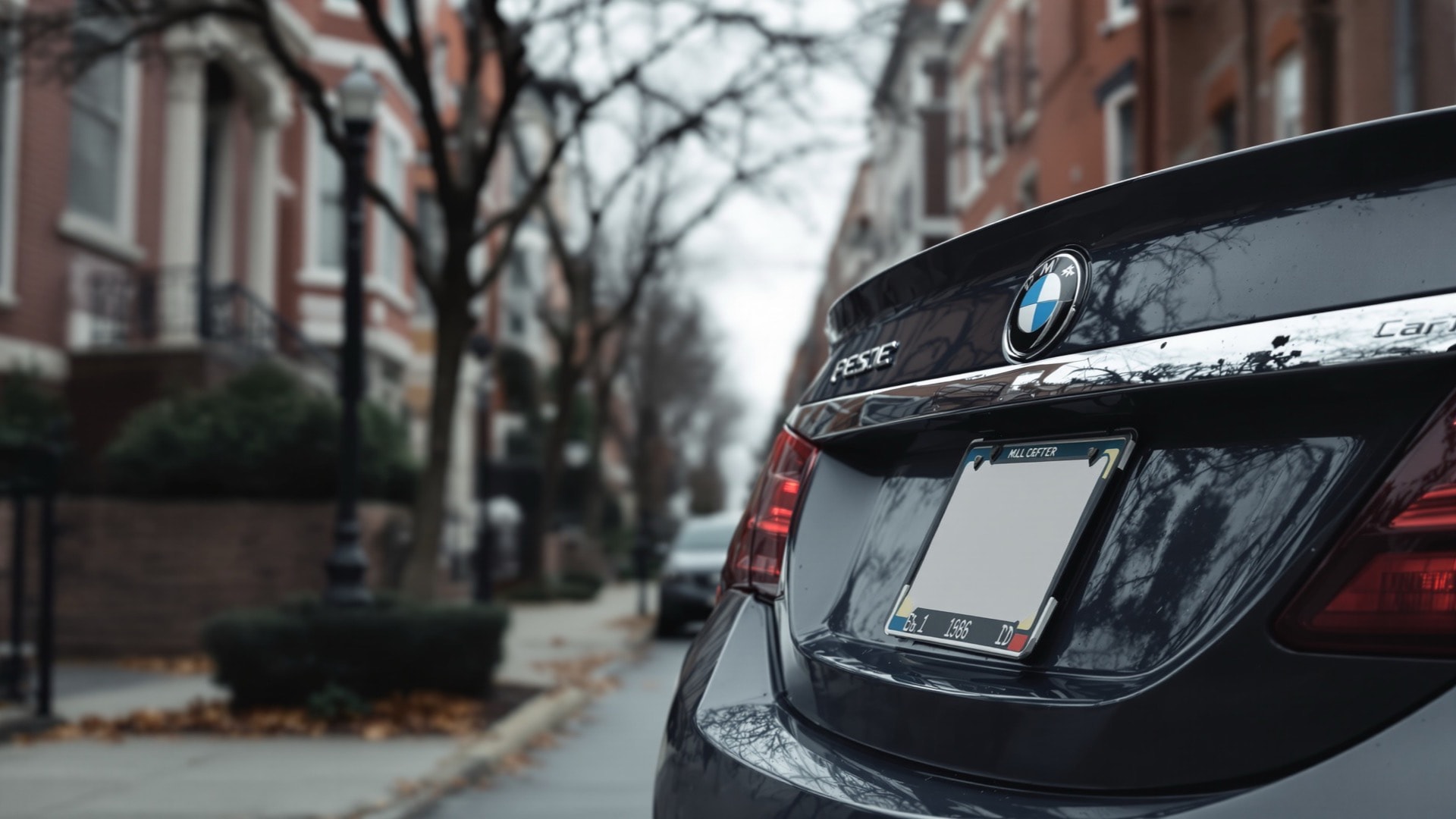 The rear of a parked car on a District rowhouse street, its blank license plate in shallow focus