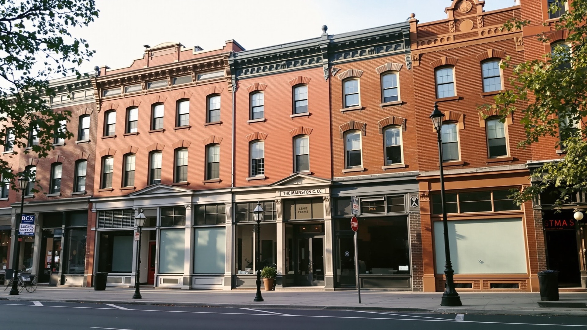 Three-story pressed-brick commercial buildings with ornamented cornices above altered ground floors